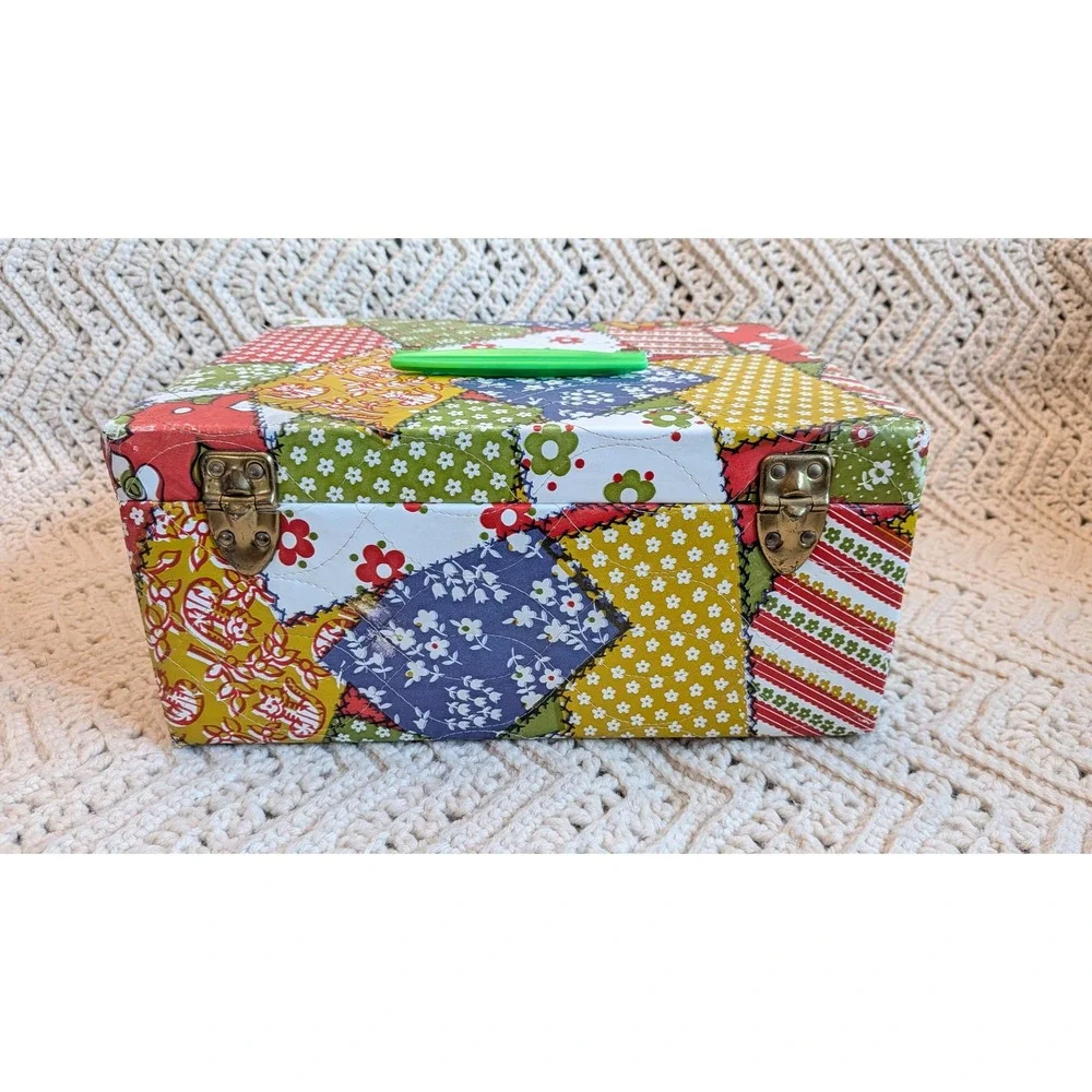Vintage Quilted Patchwork Sewing Basket Floral Print Storage Box Green Handle